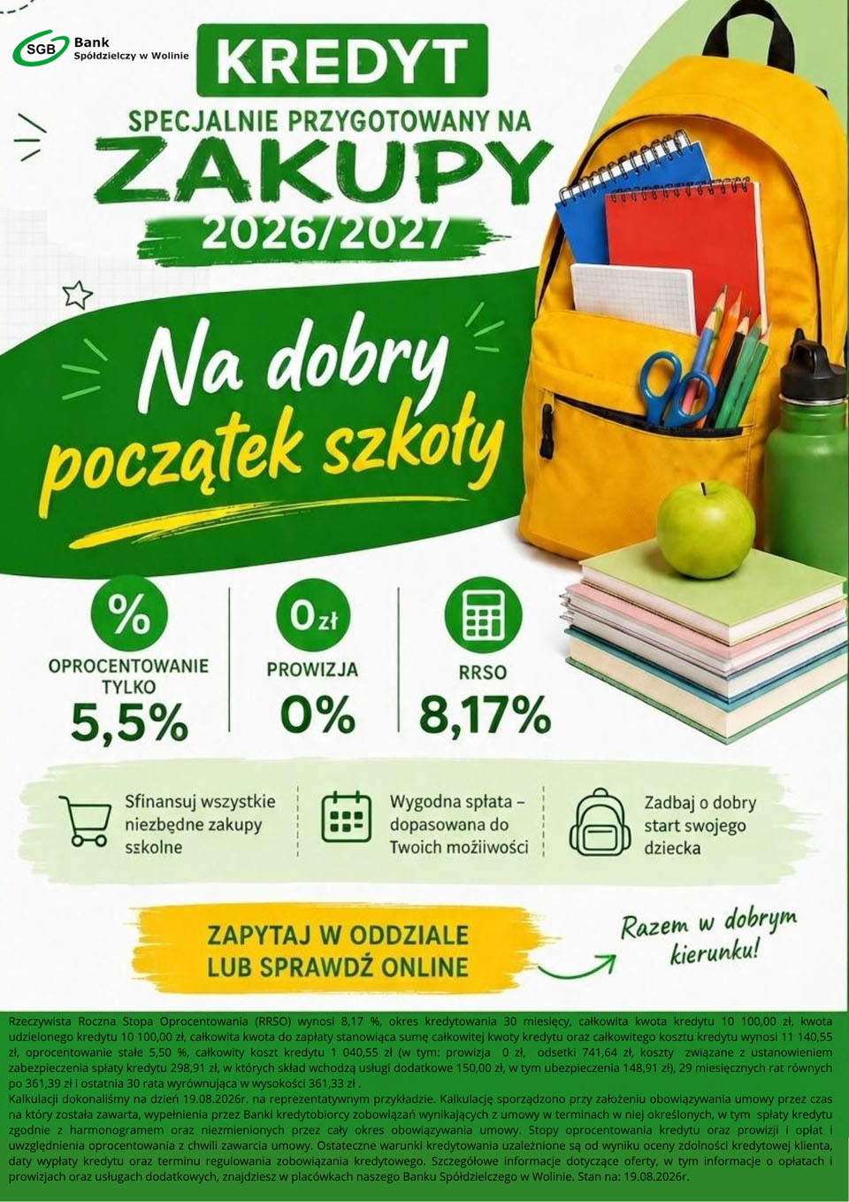 Ulotka reklamowa kredytu got&oacute;wkowego "Na dobry początek szkoły"