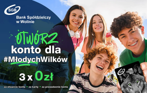 Reklama dotycząca Konta dla młodych Wilków - Grupa Młodych Ludzi z kartą platniczą w ręku