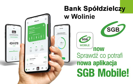 Widok telefonu z przykładowymi zrzutami ekranu aplikacji mobilnej SGB Mobile